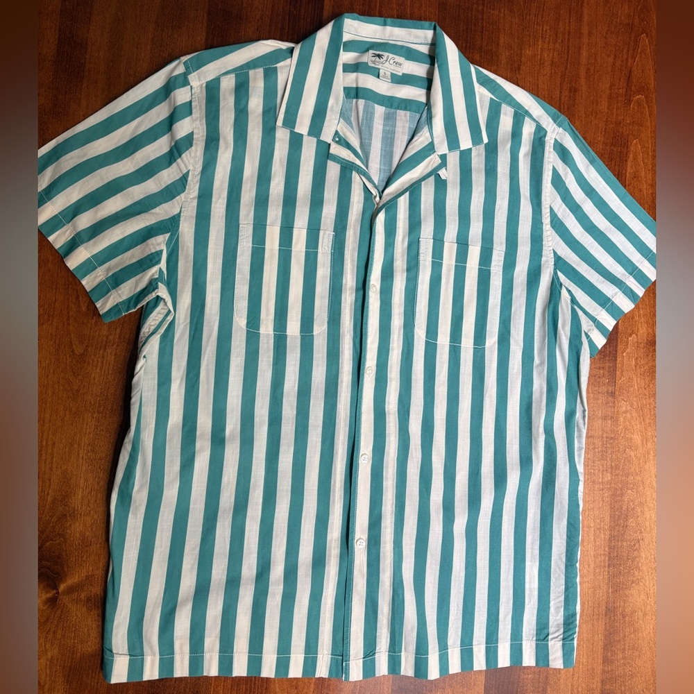 J. Crew Original Sportswear Size Large Green Striped Short Sleeve Cotton Shirt